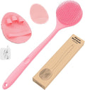 Manmihealth Silicone Back Scrubber (Thin Bristles) & Bath Glove & Face Brush Set(3PCS), Exfoliating Body Scrubber, Shower Brush, Face Scrubber Combination, with a Hook (Random Color Pink or Black)