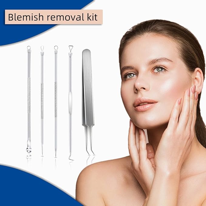 Blackhead Remover Tool Pimple Popper Tool Kit 5 Pack Blackhead Extractor Tools with Case Comedone Zit Acne Blemish Whitehead Removal Kit Professional Stainless Steel Extractor Tools for Face Nose