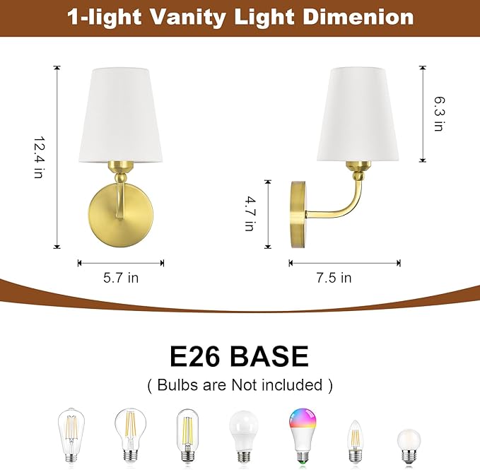 Modern Wall Sconces Set of 2, Hardwired Wall Lights with Flared White Fabric Shade, Brushed Gold Wall Lamps for Bedroom Bedside Stairway Bathroom Living Room(ETL Listed)