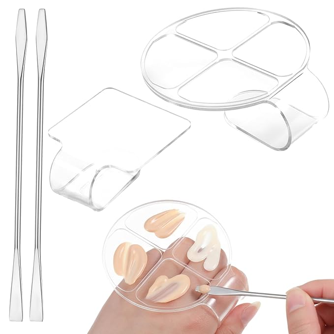 2 Pcs Handheld Acrylic Makeup Palette Clear Foundation Mixing Palette Nail Art Manicure Tray Eyeshadow Hand Cosmetic Makeup Hand Palettes for Beauty Salon Color Cream Mixing Foundation Blending