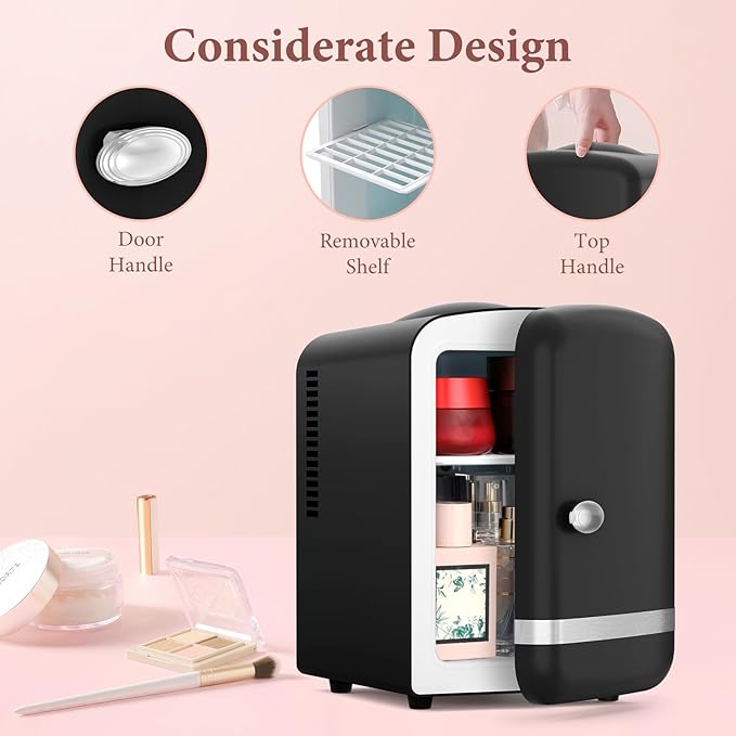 Xbeauty Retro Mini Fridge, Compact Refrigerator with 4L Capacity/6 Cans，Cooler & Warmer, Removable Shelf for Skincare, Beverages, Cosmetics, Perfect for Dorm, Bedroom, Black