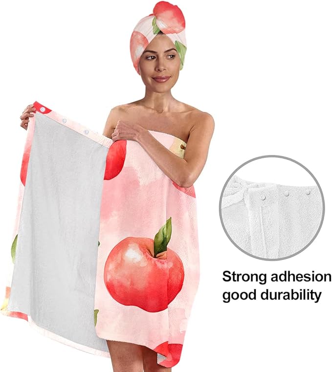 Women’s Pink Watercolor Apple Bath Wrap and Hair Towel Set, Soft Absorbent Microfiber Shower Body Skirt with Elastic Closure, Quick-Dry Lightweight Spa Toweling for Home, Gym & Travel (Apple 3)