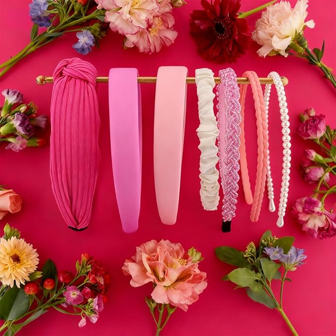 AHONEY 7 Pack Hot Pink Headbands for Girls Women Headbands Trendy Non Slip Hairbands Cute Hair Accessories Multi-style Headband Pack Diademas Para Mujer