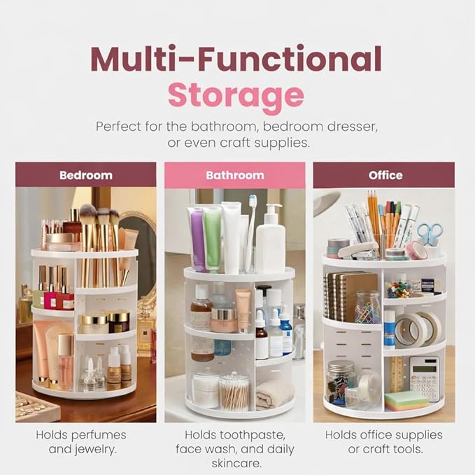 Masirs 360 Rotating Makeup Organizer - Adjustable Shelf Height and Fully Rotatable. The Perfect Cosmetic Organizer for Bedroom Dresser or Vanity Countertop. (White)