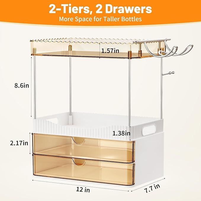 Bathroom Counter Organizer with Hairdryer Holder, 2-Tier 2-Drawer Shower Organizer for Skincare, Makeup Cosmetics, Large Capacity Vanity Organizer, Bathroom Decor, Valentine's Day(Amber)