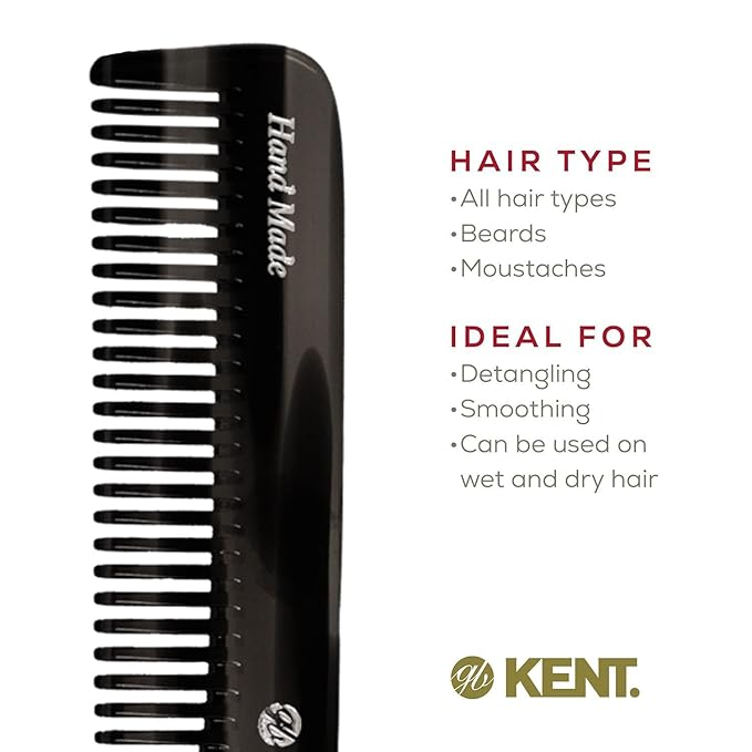Kent 6T G Fine Tooth and Wide Tooth Hair Comb, Handmade Styling Comb for Hair Care, Barber Combs, Beard Combs For Men, Styling Grooming for Men, Women and Kids