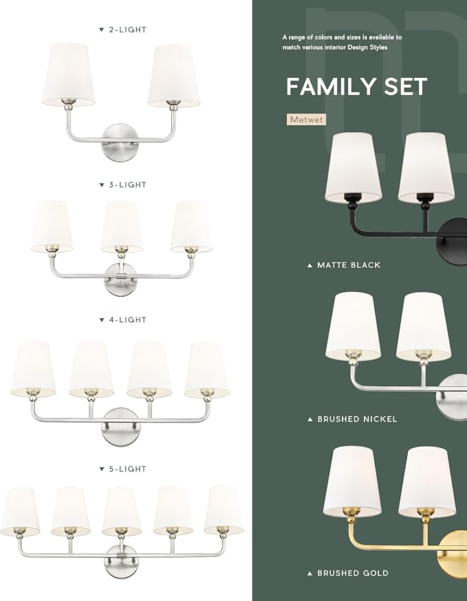 2-Light Bathroom Light Fixtures, Brushed Nickel Vanity Lights, Double Wall Sconce with Flared White Fabric Shade, Modern Sconces Wall Lighting for Hallway Bedroom Stairway, VL837-BN-2-S