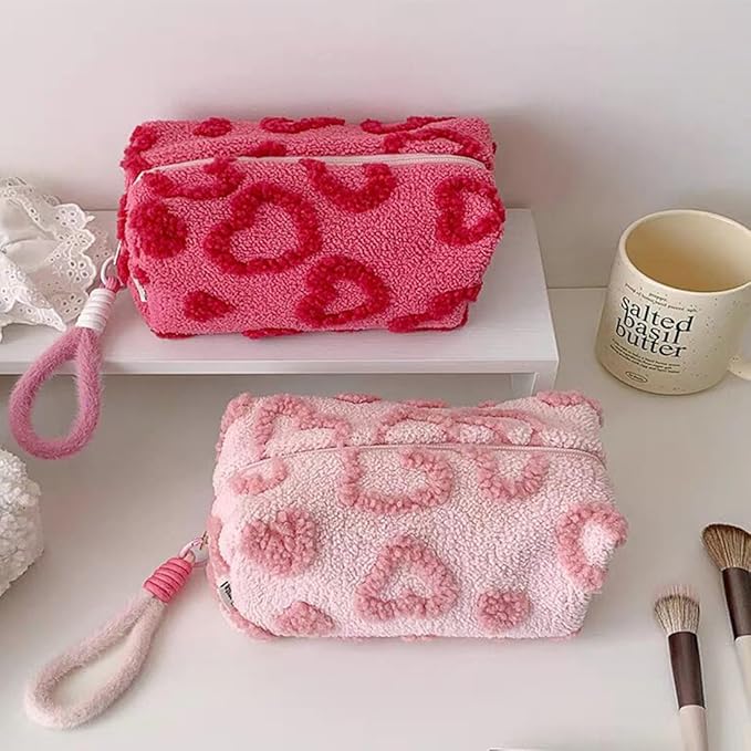 SxoSyo Makeup Bag for Women Cosmetic Bags Large Make up Brushes Pouch Travel Toiletry Purse Zipper Storage Organizer for Gifts (heart, rose pink)