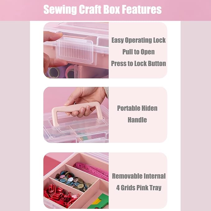 Clear Plastic Office Supply Art & Craft Storage Box, Sewing Box Organiser Large with a Removable Tray & Adjustable Partition, Portable Travel Makeup Case (Clear & pink)