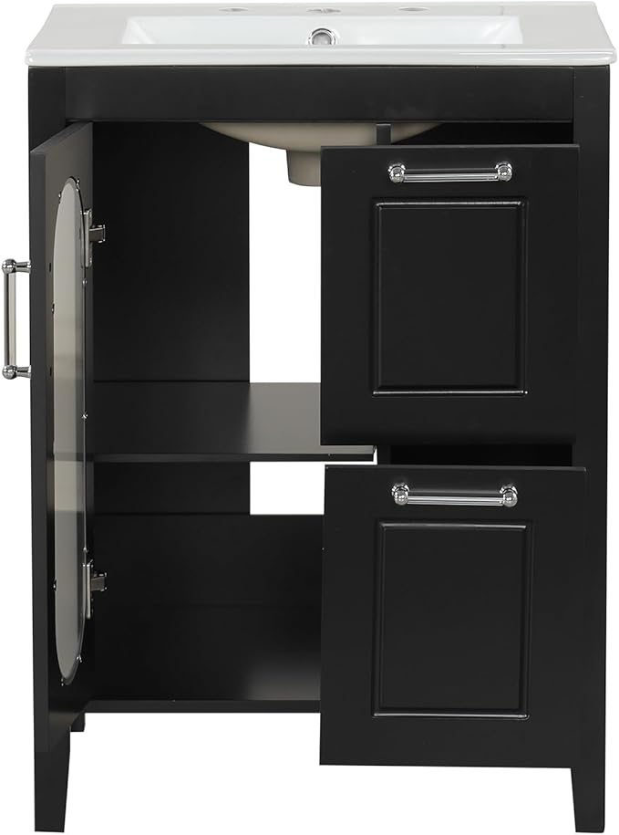 Harper & Bright Designs 24" Bathroom Vanity with Sink, Free Standing Single Basin Vanity Set with Two Drawers and Glass Door, Modern Wooden Bathroom Cabinet with Ceramic Basin for Bathroom, Black