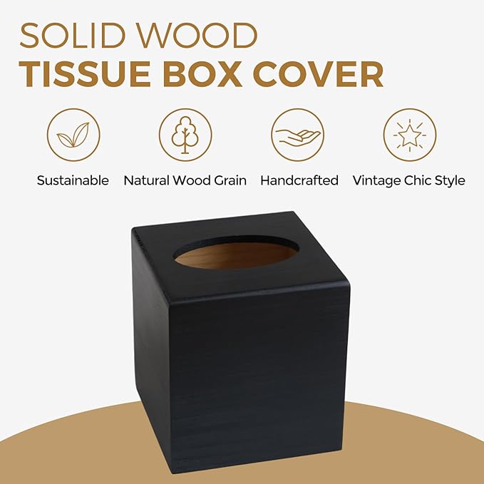 Wood Tissue Box Cover Square, Black Tissue Box Cover, Decorative Cube Facial Wooden Tissue Box Holder with Slide-Out Bottom for Bathroom, Bedroom, Dinner Table, Office, Kitchen