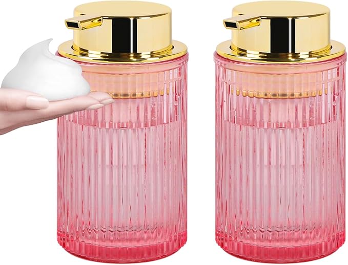 Foaming Soap Dispenser, 12 Oz Pink Glass Soap Dispenser, 2pcs Refillable Liquid Lotion Container Foam Pump Bottle Decorative Modern Slim Ribbed Bottle for Bathroom and Kitchen