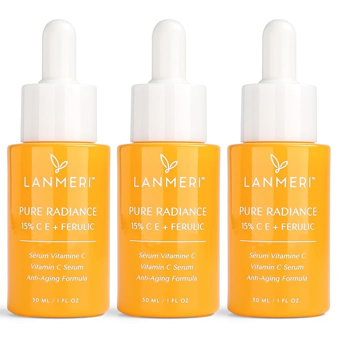 Lanmeri Vitamin C Face Serum 3pack- CE Ferulic Facial Serum with 15% Pure L-Ascorbic Acid, Ferulic Acid, Vitamin E, & Hyaluronic Acid - Anti Aging, Anti Wrinkle Skin Brightening Dark Spot Corrector
