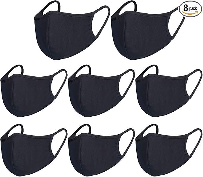 Pack 8 Black Dust Mouth Mask - All Cotton Covering - Reusable Cloth Comfy Breathable Material Black Pack 8pcs