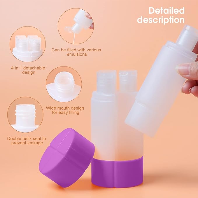 Travel Bottle, TSA approved 4-in-1 Leak-Proof Bottle, 4 * 60ml/2oz, with 2 Pre-printed Labels for Travel Gym Camping, Carry-On Travel Size Toiletries Shampoo Lotion Bottle for Women Men(Purple)