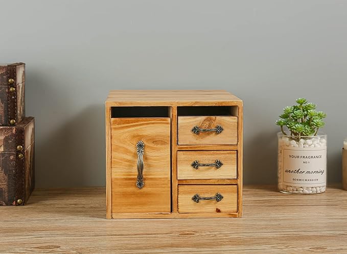 Rustic Beauty Organizer 4 Drawers - Wooden Cosmetic Storage Box for Neat & Home Office Desk &Organize &Storing of Makeup holder Tools,Bathroom Counter-top(Wood Color, L)