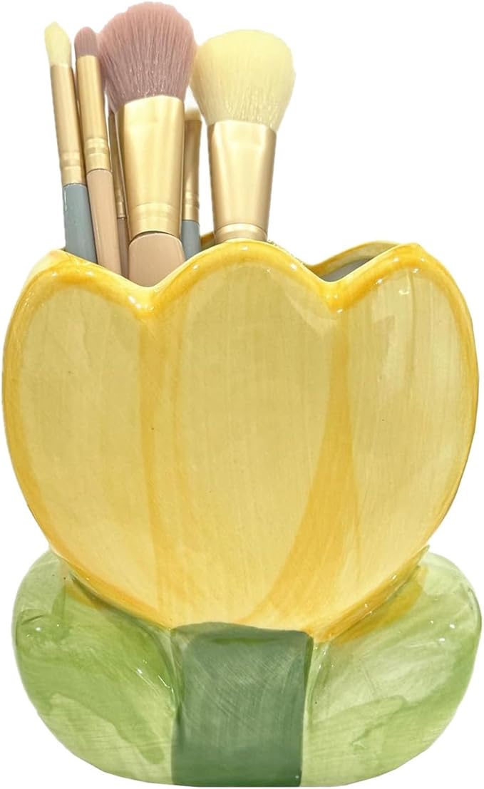 1 PC Ceramic Tulip Make up Brush Holder Flower Toothbrush Holder Cosmetic Storage Box Pen and Pencil Holder Desktop Organizers (Yellow)