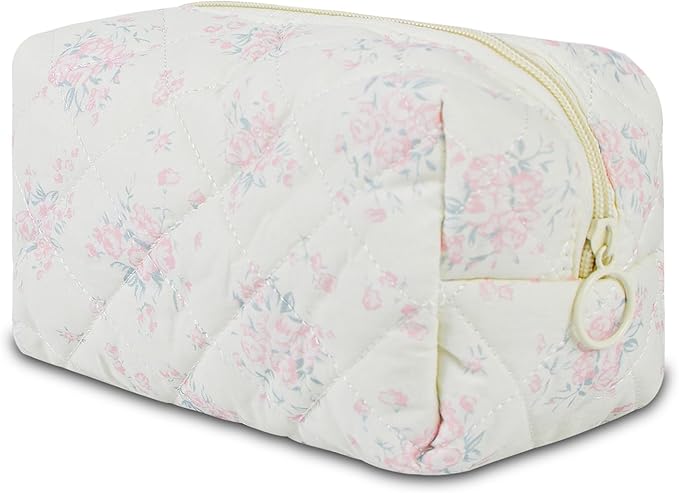Quilted Makeup Bag Floral Cotton Make up Bag Puffy Coquette Makeup pouch Aesthetic Cute Travel Toiletry Bag for Women Girls