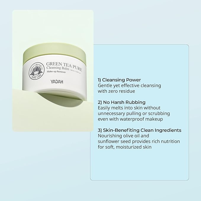 YADAH Green Tea Cleansing Balm (3.38fl oz) - Makeup Remover, Moisturizing, Residue-Free. Korean Skin Care. Vegan, Hypoallergenic.