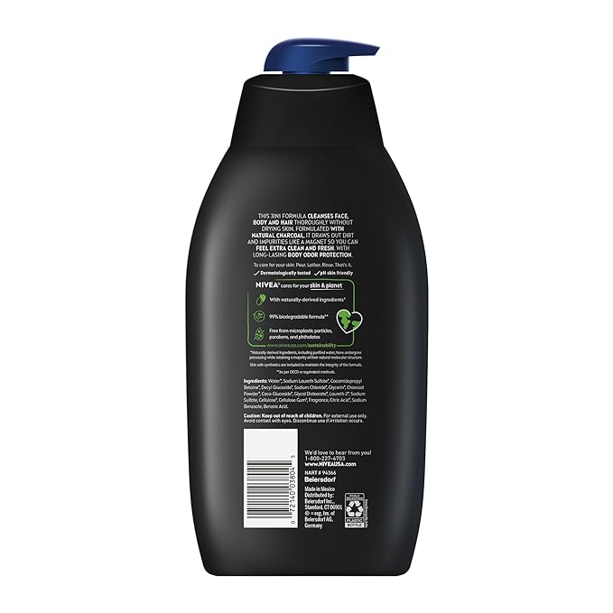 NIVEA MEN Active Clean Body Wash with Natural Charcoal for Normal to Oily Skin,3-in-1 Charcoal Body Wash,Face and Hair,Draws Out Dirt and Impurities,30 Fl Oz Bottle,(Pack of 2)
