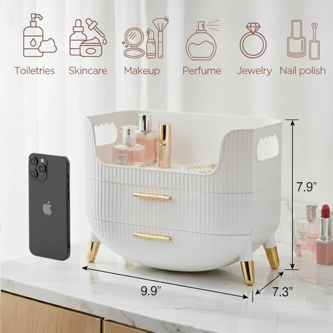 Makeup Organizer with Drawers, Skincare Storage Box for Vanity, Multiple Compartments, Portable Cosmetic Display Case with Handle, Large Make up Organizers for Dresser, Bathroom, Bedroom, White
