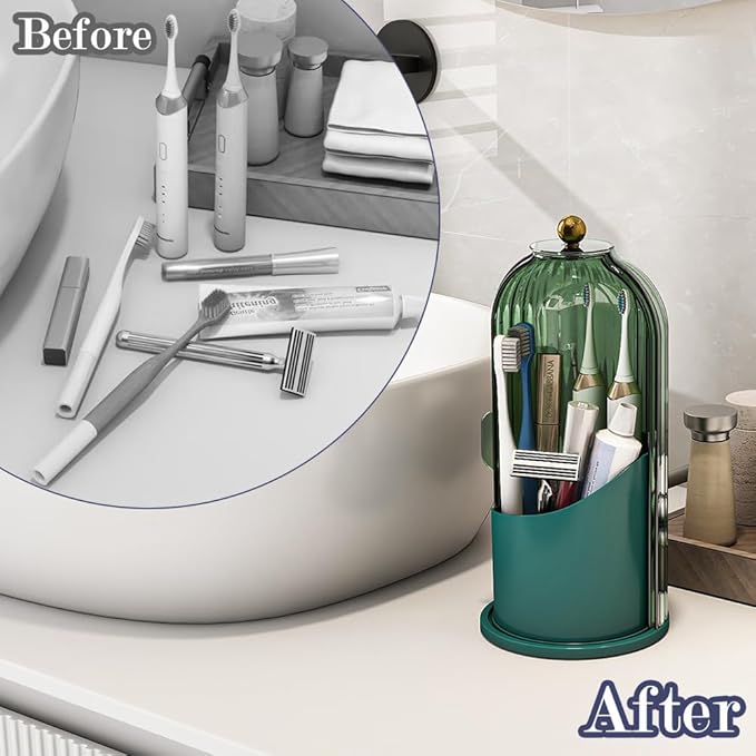 Dustproof Toothbrush Holders with Cover, Rotating Electric Toothbrush and Toothpaste Holder for Bathroom Countertop, 3 Slots Makeup Brushes Organizer, All Green