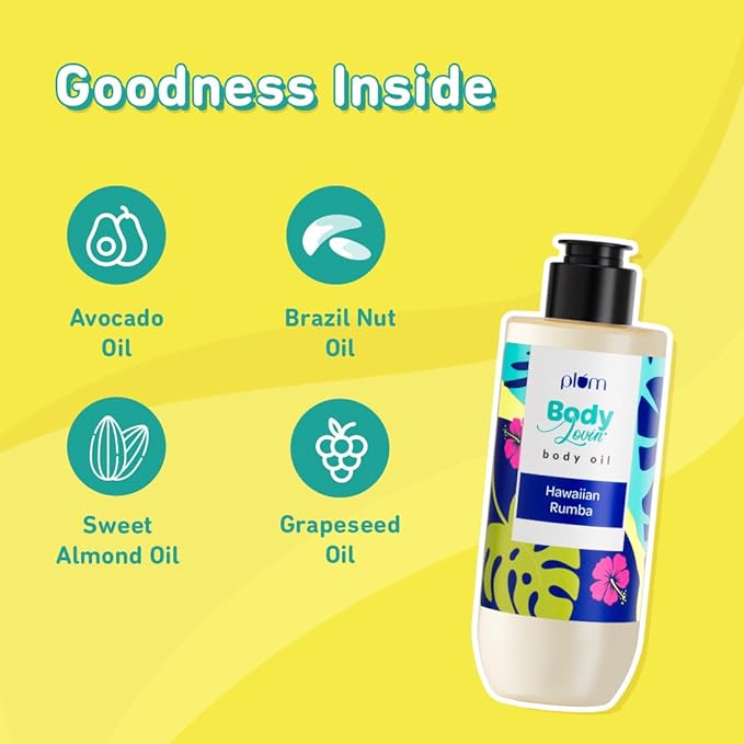 Plum Hawaiian Rumba Body Oil With Avocado Oil, Coconut Oil, Carrot Seed Oil, 100% Pure Moisturizing Oil, Instant Glow, Detoxifying, Nourishing Bath Oil, Paraben, Silicone & Mineral Oil Free, 6.7 Fl Oz