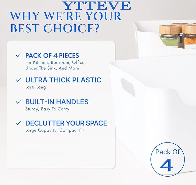 Ytteve 4 Pack Large Plastic Storage Bins with Handles,13.7x10.2x5.7 Inch Stackable White Organizer Containers for Kitchen,Pantry,Closet,Bathroom,Office,Cabinet,Drawer,Snack,Toy & Makeup Organization