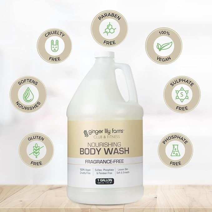 Ginger Lily Farms Club & Fitness Nourishing Body Wash, 100% Vegan & Cruelty-Free, Bath & Shower Gel for Men and Women, Fragrance Free, 1 Gallon (Pack of 4)