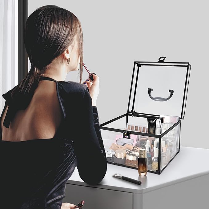 FRENESSA Portable Makeup Case Large Clear Crown Box Cosmetics Display Case Toiletry Organizer Box Transparent Acrylic Artists Train Case Travel Makeup Tools Storage for Vanity Counter Dresser Case