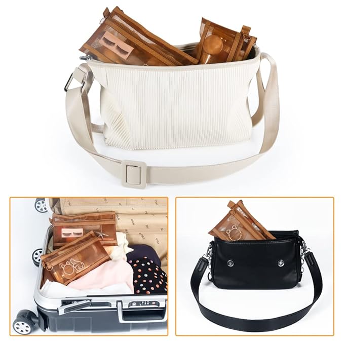 Mesh Cosmetic Bags, 4pcs Nylon Makeup Pouches with Double Zippers for Home Office Purse Diaper Bag (Light Chocolate Brown)