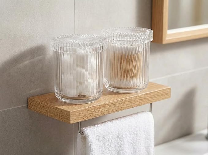 SheeChung 2-Pack Ribbed Glass Apothecary Jars - Clear Qtip Holder Dispenser Set - Vintage Bathroom Vanity Organizer for Cotton Swabs, Balls, Pads, Floss Picks - Modern Farmhouse Decor