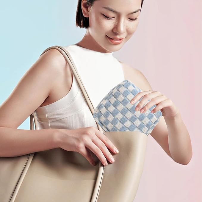 Small Blue Makeup Bag for Purse, Mini Checkered Cosmetic Bag Zipper Cute Make Up Pouch Travel Toiletry Case Quilted Aesthetic Accessories Makeup Storage Bag Organizer for Women