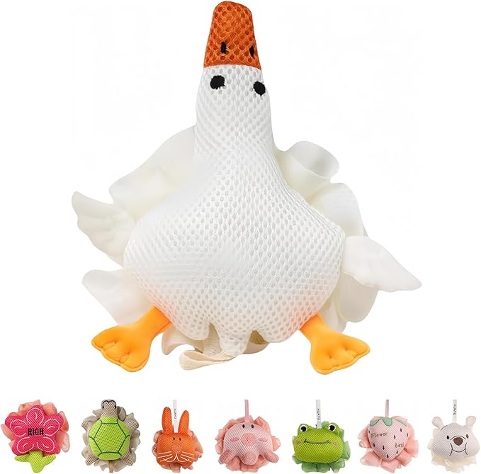 Kids Loofah, Cute Cartoon Animal Kids Bath Sponge with Hanging Rope, Soft Double Mesh for Rich Lather (Big White Goose)