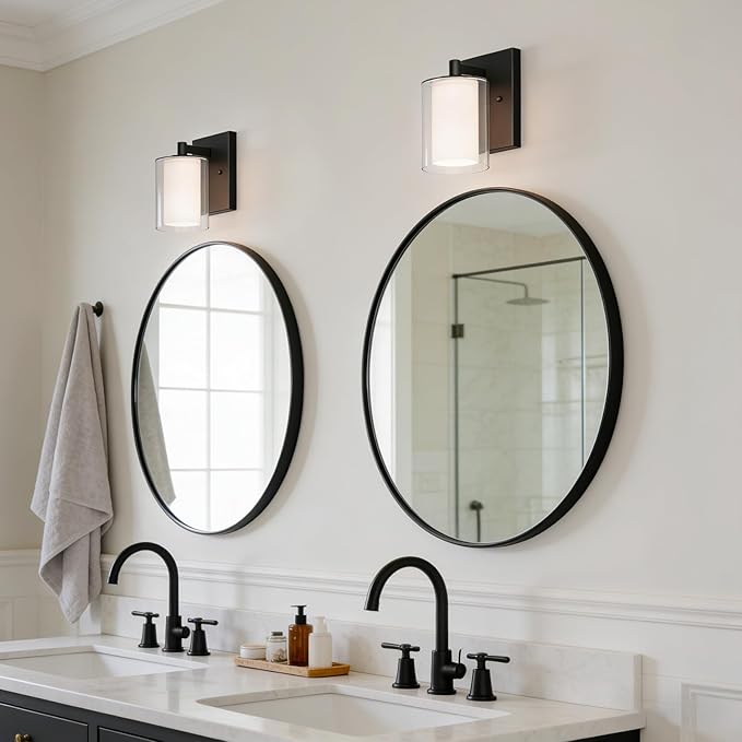 Kalium Wall Sconces Set of Two, Modern Vanity Lights with Double Clear Glass Shade Matte Black Indoor Farmhouse Wall Lights for Bathroom Living Room Bedroom Mirror Hallway Bulb E26 Base (2PCS)