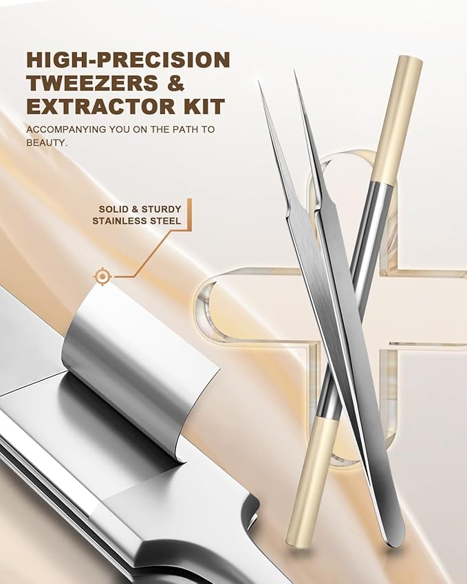 SGNEKOO Professional Facial Milia Removal Tool and Whitehead Extractor,Titanium Alloy Double Ended Needle and Steel Tweezers Kit,Blackhead,Blemish,Zit and Pimple Acne Remover Popper (Titanium Gold)