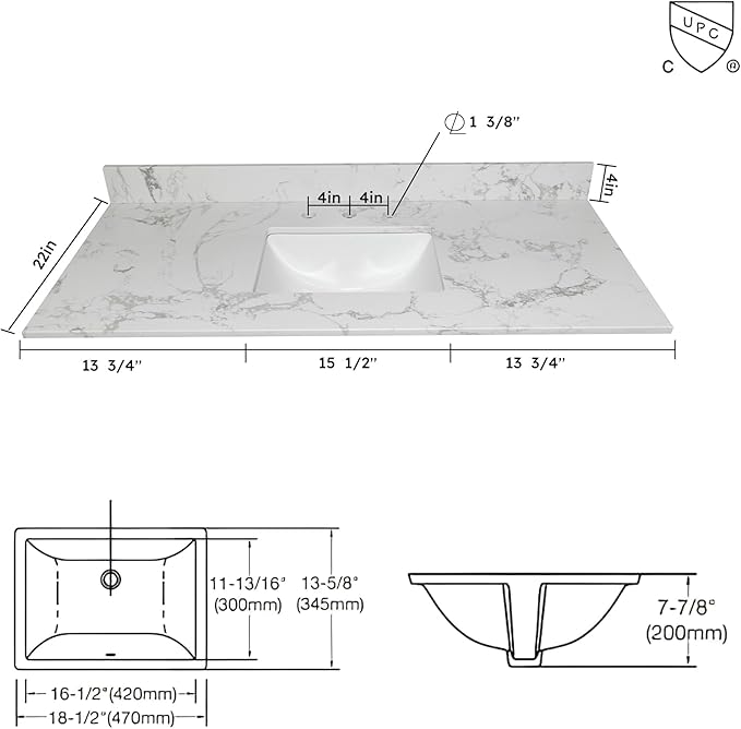 Montary 42" Bathroom Vanity with 43" Artificial Marble Carrara White Top, Modern Stylish MDF Bathroom Storage Cabinet, Vanity Set with 2 Doors and One Large Divided Drawer, White (Three Holes)