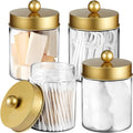 Amolliar Qtip Holder Dispenser - 8 oz Plastic Apothecary Jar Containers for Vanity Makeup Countertop Organizer Storage -Bathroom Canister Accessories Set for Cotton Swab, Ball, Pads, Floss-Gold (4)
