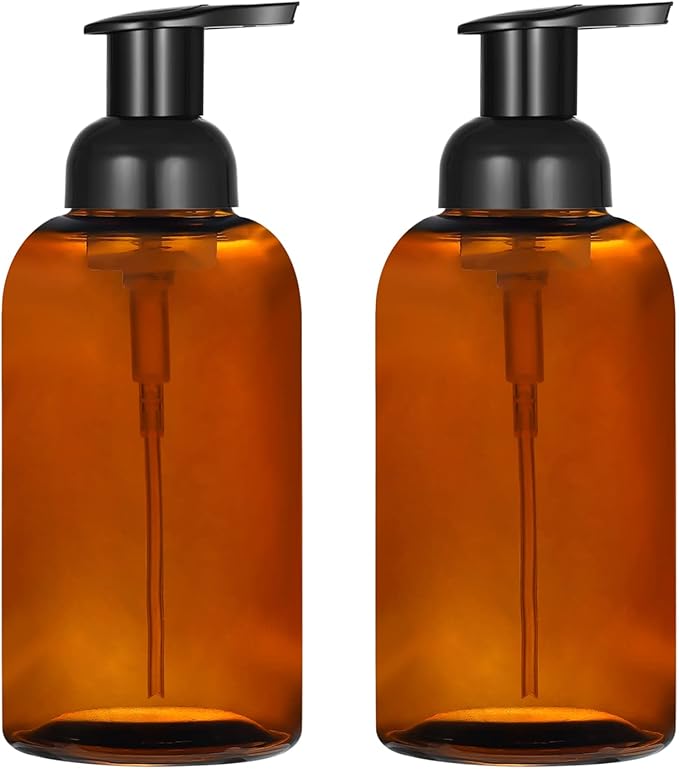 2 Pack Amber Glass Jar Soap Dispenser with Foaming Pump, 13 Ounce Amber Round Bottles Dispenser with Foaming Pump