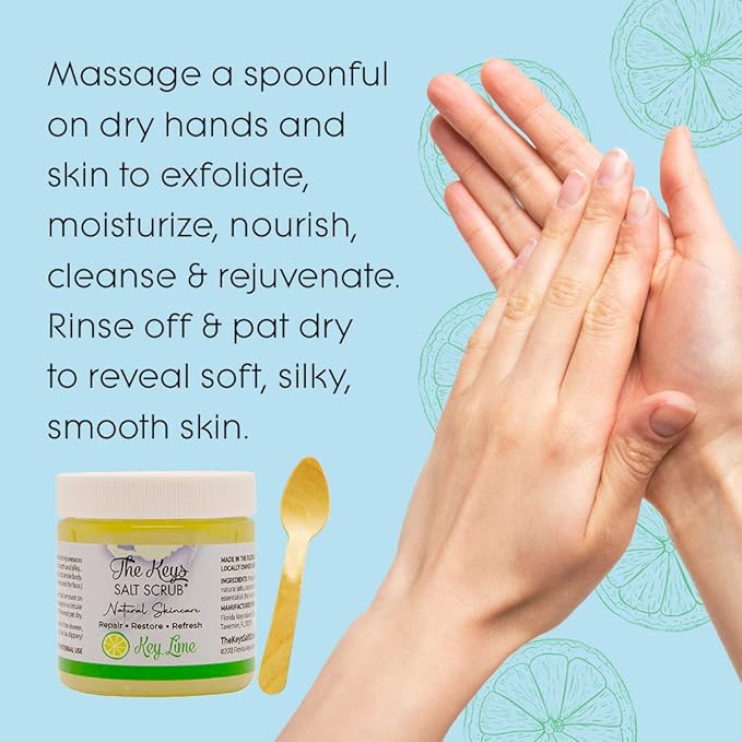 The Keys Salt Scrub -Sea Salt Scrub - Exfoliating Body Scrub with Wooden Spoon - Moisturizing Exfoliator for Hands, Foot, Bath, (3.4 Ounce (Pack of 3), Key Lime)