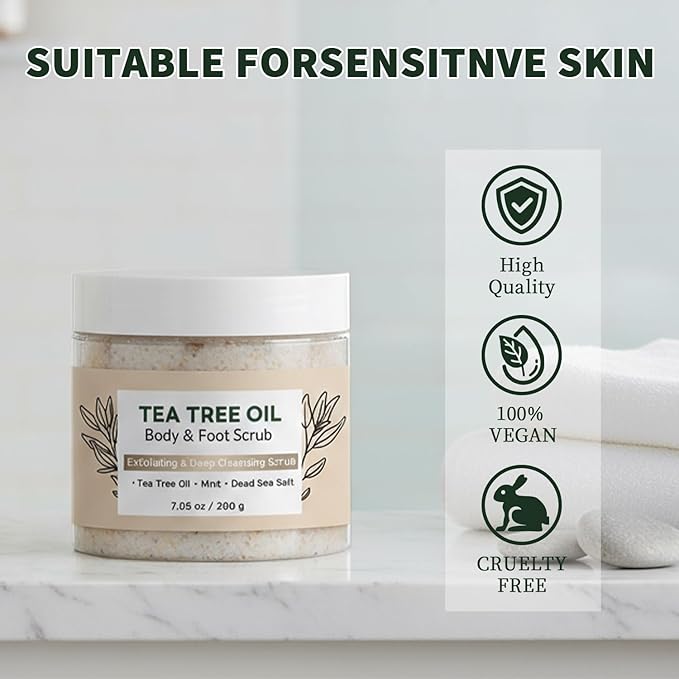 Tea Tree Body & Foot Scrub 7.05oz - Exfoliating & Deep Cleansing Scrub with Natural Tea Tree Oil, Mint & Dead Sea Salt - Refreshing Skin Care for Men & Women - Smooth & Revitalizing Body Scrub