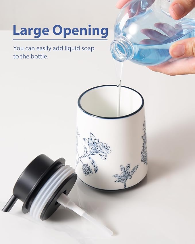 Hand Soap Dispenser for Bathroom, Ceramic Lotion Dispenser, Chinoiserie Bathroom Accessories, Blue and White Flowers and Branches