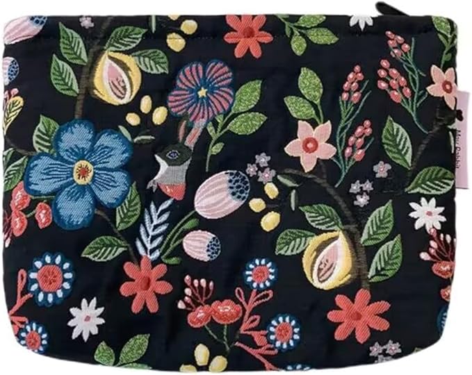 SxoSyo Makeup Bag Embroidery Cosmetic Bags for Women Large Travel Toiletry Pouch Zipper Storage Purse Make up Brushes Organizer for Gifts (Flowers, Black)