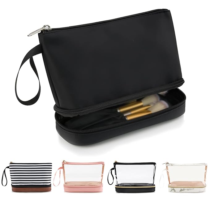Ethereal Small Makeup Bag, 2 Layers Travel Makeup Bag with Makeup Brush Holder, Cosmetic Bag Black Make up Pouch for Women/Girls