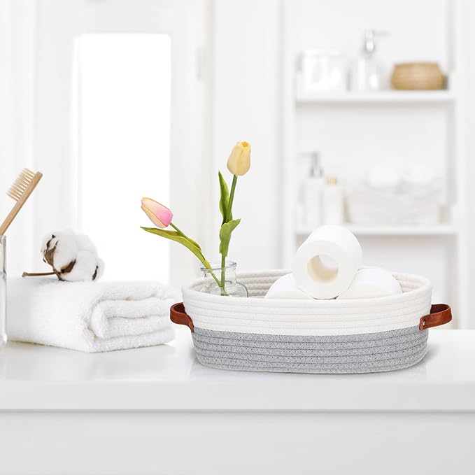 Bathroom Countertop Organizer Basket, Cotton Rope Woven Storage Basket Toilet Paper Decorative Basket for Bathroom, Bedroom, Living Room, Entryway 13"x6.3"x4.3" (Off White/Gray)