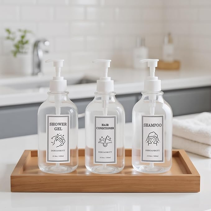 Shampoo and Conditioner Dispenser, Refillable Plastic Shampoo Pump Bottles with Waterproof Labels, Empty Body Wash Dispenser Set for Bathroom, Shower Soap Bottles (Transparent)
