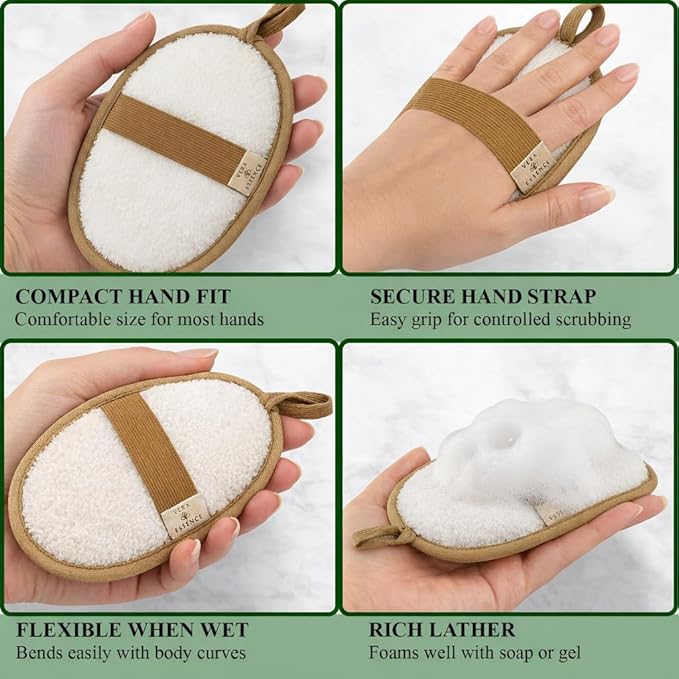 Natural Loofah Exfoliating Body Scrubber (Pack of 2) - Made from Egyptian Luffa, Gentle Bath Sponge for Men and Women - Deep Cleansing Soft Pad Dual-Sided w/Terry Cloth, Hand Strap for Shower & Spa