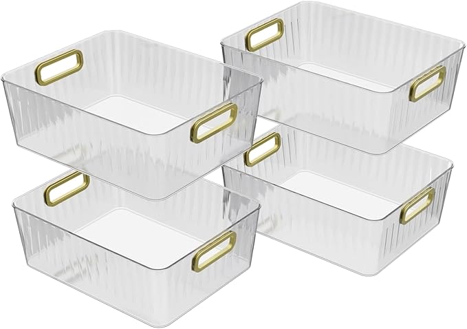 4 Packs Clear Plastic Storage Bins, Pantry, Home, Kitchen, Office, Cabinet, Shelf and Fridge Organizer Basket Bin with Handle