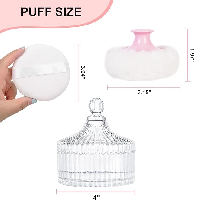 LAKIRA Large Body Powder Puff and Container, 2 Large Powder Puffs, Crystal Powder Container with 3.93" Puff for Baby Women, Dusting Powder Container with Puffs for Women, Bath, Home Use (4″ Pure)
