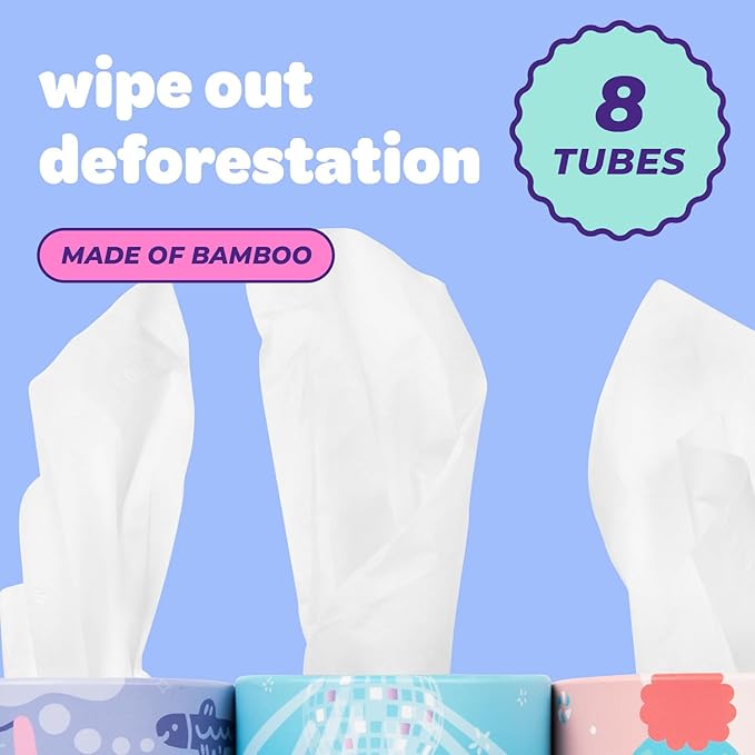 Bim Bam Boo 100% Bamboo Facial Tissue Tubes, 3-ply Hypoallergenic Travel Tissues in Car Tissue Holder, 8 Eco-Friendly Cylinder Tissue Tubes